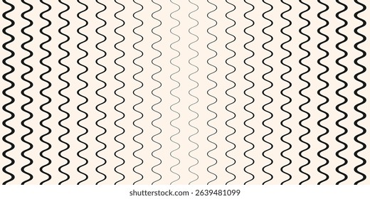 Vector seamless pattern with thin vertical wavy lines, halftone sound waves, curvy stripes. Abstract minimal texture with gradient transition effect. Black and white background. Repeating geo design