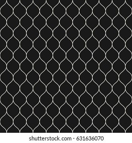 Vector seamless pattern, thin wavy lines. Dark texture of mesh, fishnet, lace, weaving, subtle lattice. Simple monochrome geometric background. Design for prints, decor, fabric, cloth, digital, web