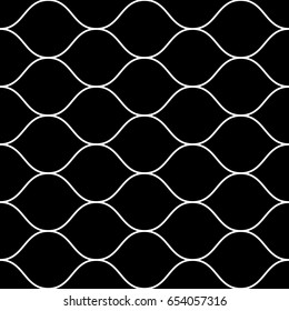 Vector seamless pattern, thin wavy lines. Texture of mesh, fishnet, lace, weaving, smooth grid. Subtle dark monochrome geometric background. Design element for prints, decor, fabric, covers, textile