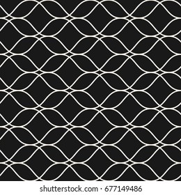 Vector seamless pattern, thin wavy lines. Dark texture of mesh, lace, weaving, smooth lattice. Subtle monochrome geometric background. Design for prints, fabric, package, decor, cloth, digital, web