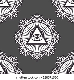 Vector seamless pattern with third eye in ornamental mandala