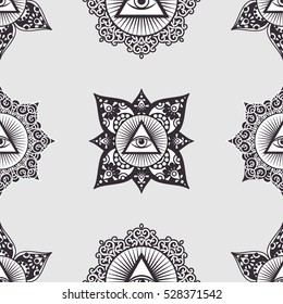 Vector seamless pattern with third eye in ornamental mandala