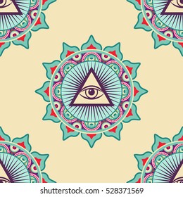 Vector seamless pattern with third eye in ornamental mandala