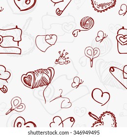 vector seamless pattern with thread, pin, sewing machine, needle, heart button