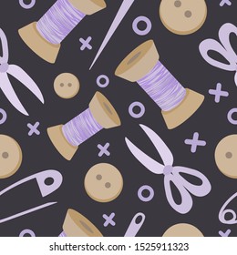 Vector seamless pattern with threads, scissors, needles on a black background.