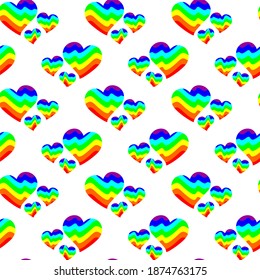 Vector seamless pattern of three different hearts. Abstract image depicting mountains or sea waves in colors of rainbow. Multicolored background