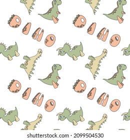 Vector seamless pattern with three different dinosaurs and lettering “Dino” in light green and beige colors. Cute cartoon children’s characters. Nice illustration for wallpaper, kid’s room decor