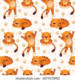 Vector seamless pattern with tiger cubs. Vector flat cartoon illustration. Cartoon flat style. For children, postcards, patterns, banners, prints.