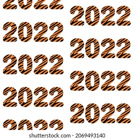 Vector seamless pattern of tiger fur textured 2022 new year text lettering isolated on white background