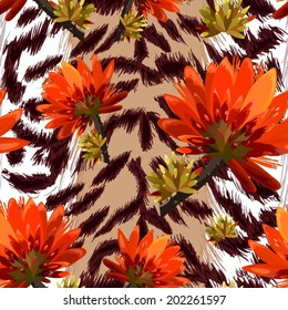 vector seamless  pattern -tiger skin with tropical flowers