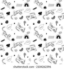 Vector seamless pattern with tigers in different poses, tropical leaves and abstract elements isolated. Cute Animal black and white background for fabric or wallpaper boho design.
