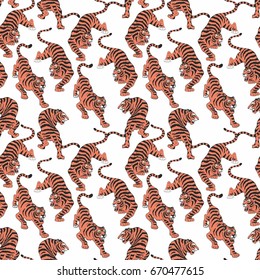 Vector seamless pattern with tigers. Hand drawing. Decorative background for design and decoration of fabric, home textiles, wallpapers, packages, covers and much more