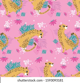 Vector seamless pattern with tigers in the jungle