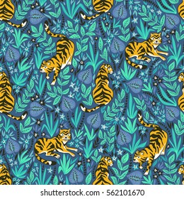Vector seamless pattern with tigers in the jungle. Tropical background for fabric or wallpaper boho design.