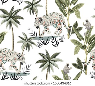 Vector seamless pattern with tigers on the white background.Tropical leaves.Fashionable all over fabric design. - Vector illustration