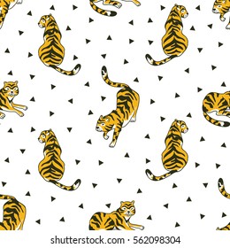 Vector seamless pattern with tigers and triangles isolated on the white background. Animal  background for fabric or wallpaper boho design.