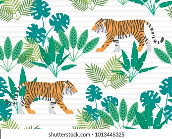 Vector seamless pattern with tigers and tropical plants. 