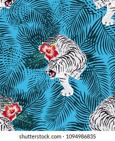 Vector seamless pattern with tigers and tropical.