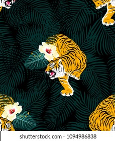 Vector seamless pattern with tigers and tropical.