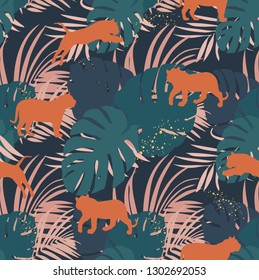 Vector seamless pattern with tigers and tropical leaves