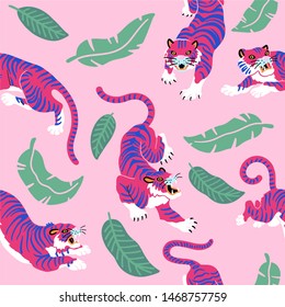 Vector seamless pattern with tigers and tropical leaves on pink background. Trendy hipster style.