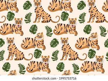 Vector seamless pattern with tigers and tropical plants