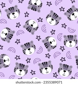 Vector seamless pattern with tiger.Tropical jungle cartoon creatures.Pastel animals background.Cute natural pattern for fabric, childrens clothing,textiles,wrapping paper.