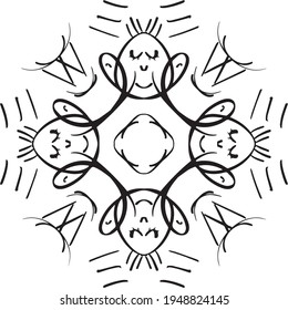 Vector seamless pattern tile. A decorative symmetrical element, hand drawn in ink (digital design).