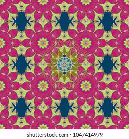 Vector seamless pattern tile with mandalas. Vintage decorative elements. Hand drawn sketch on magenta, blue colors. Islam, Arabic, Indian, ottoman motifs. Perfect for printing on fabric or paper.
