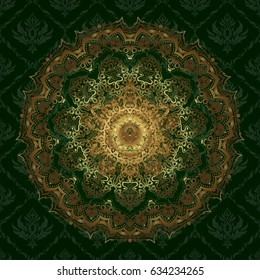 Vector seamless pattern tile with mandalas. Vintage decorative elements. Islam, Arabic, Indian, ottoman motifs. Perfect for printing on fabric or paper. Hand drawn sketch on green background.