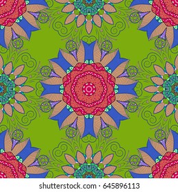 Vector seamless pattern tile with mandalas. Perfect for printing on fabric or paper. Islam, Arabic, Indian, ottoman motifs. Hand drawn sketch on white background. Vintage decorative elements.