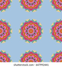 Vector seamless pattern tile with mandalas. Vintage decorative elements. Perfect for printing on fabric or paper. Hand drawn sketch on colorful background. Islam, Arabic, Indian, ottoman motifs.