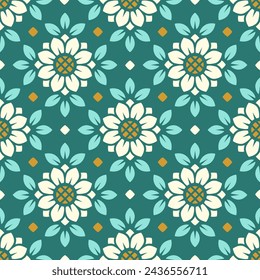 Vector seamless pattern. Tile in retro style with sunflowers. Stylized flower in square geometric pattern for wallpaper and textile