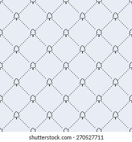 Vector seamless pattern. Tiled square background with monochrome tree icon and dotted lines.