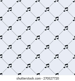 Vector Seamless Pattern. Tiled Square Background With Monochrome Music Note Icon And Dotted Lines.