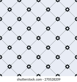 Vector seamless pattern. Tiled square background with monochrome gear icon and dotted lines.
