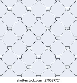 Vector seamless pattern. Tiled square background with monochrome comment speech bubble icon and dotted lines.