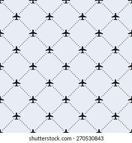 Vector Seamless Pattern. Tiled Square Background With Monochrome Airplane Icon And Dotted Lines.