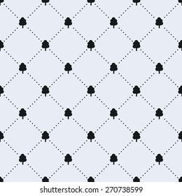 Vector seamless pattern. Tiled square background with monochrome tree icon and dotted lines.
