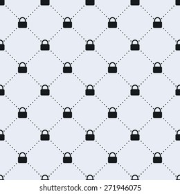 Vector seamless pattern. Tiled square background with monochrome lock icon and dotted lines.
