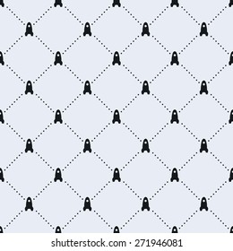 Vector seamless pattern. Tiled square background with monochrome rocket icon and dotted lines.