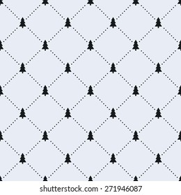 Vector seamless pattern. Tiled square background with monochrome fir tree icon and dotted lines.
