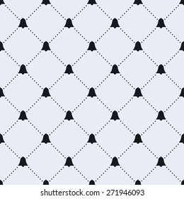 Vector seamless pattern. Tiled square background with monochrome bell icon and dotted lines.