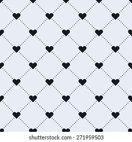 Vector seamless pattern. Tiled square background with monochrome heart icon and dotted lines.