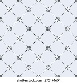 Vector seamless pattern. Tiled square background with monochrome gear icon and dotted lines.