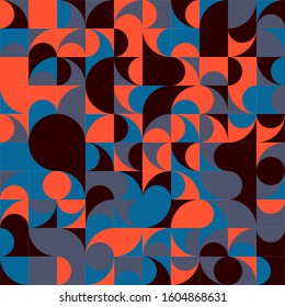 Vector seamless pattern tiles in black, red, blue. Mid century geometric textile print for home decor and sport fashion. Abstract simple background with bold geometric shapes in 1960s style.