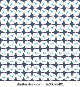 Vector seamless pattern tiles in grey blue and white. Mid century geometric textile print for home decor with rotating 3D ice cubes. Abstract simple background with bold organic shapes in 1960 style.