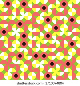 Vector seamless pattern tiles in red, neon green, yellow. Mid century geometric textile print for home decor and sport fashion. Abstract simple background with bold geometric shapes in 1960s style.