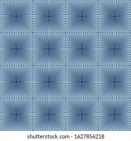 Vector seamless pattern tiles with squares and stripes in blue. Mid century striped geometric print for home decor and fashion. Abstract simple background with bold geometric shapes in 1960s style.