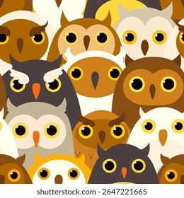 Vector seamless pattern (tiling) with cartoon owls. Cute print in kawaii style. Endless texture can be used for pattern fills, t-shirt design, web page background, fabric design, scrapbooking paper